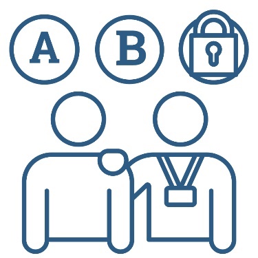 A provider supporting a person with disability. Above them are 3 options. One of the options is a lock.