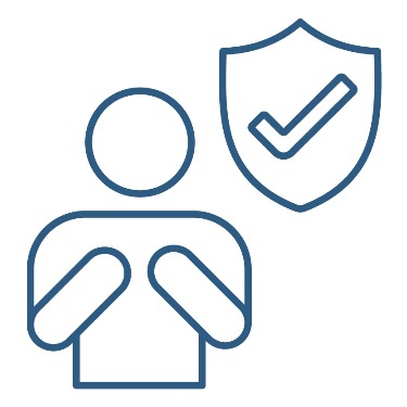 A person with disability pointing at themselves and a safety icon.