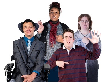 A group of people with disability pointing at themselves.