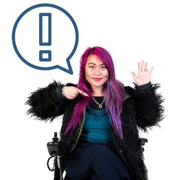 An importance icon inside a speech bubble above a person with disability pointing at themselves.