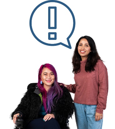 A person supporting a person with disability. Above the person is an importance icon inside a speech bubble.