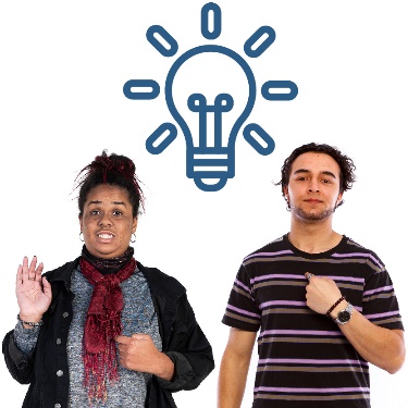 A light bulb above 2 people pointing at themselves.