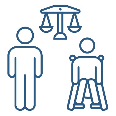 A justice scales icon above a person with disability and another person.