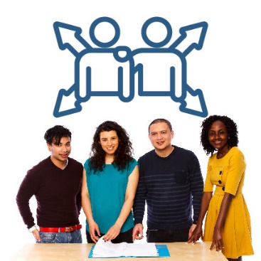 A group of people working together around a desk. Above them is an icon of a person supporting someone with disability and 4 arrows pointing outward from them.