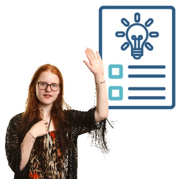 A person with disability pointing to themselves with their other hand raised. Next to them is an evidence document with a glowing lightbulb on it.