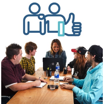 A group of people working together at a table. Above them is a person supporting someone else, and a thumbs up.