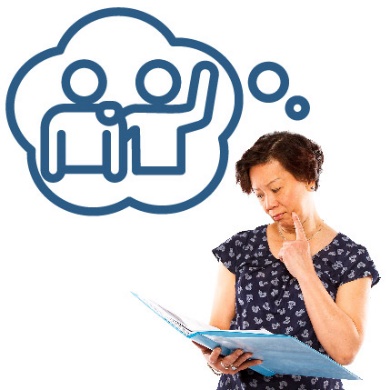 A person reading a document. They have a thought bubble with a person supporting someone with disability inside it. The person giving support has their hand raised.