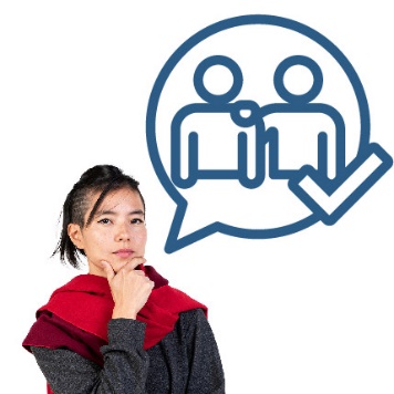 A person thinking carefully about a decision. They have a speech bubble with a person supporting someone with disability in it, and a tick next to it.