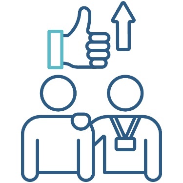 A provider supporting a person with disability. Above them is a thumbs up with an arrow pointing up.