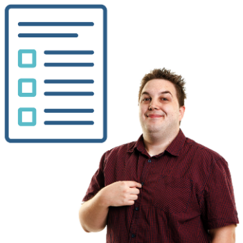 A person with disability pointing to themselves. Next to them is a behaviour support plan document.