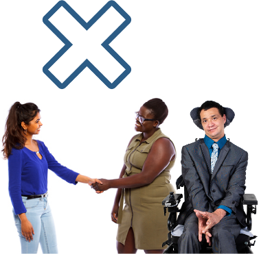 An external practitioner shaking hands with a provider that has a person with disability next to them. Above them is a cross.