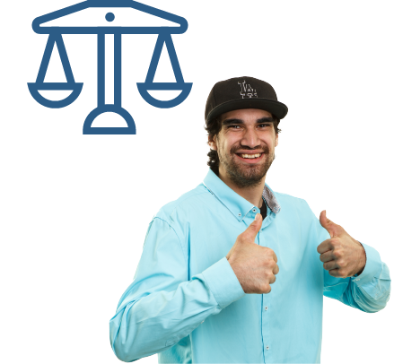 A person giving 2 thumbs up. Next to them is the scales of justice.