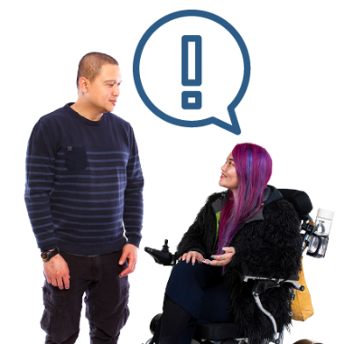 A person with disability having a conversation with an external practitioner. The person with disability has a speech bubble with an importance icon in it.