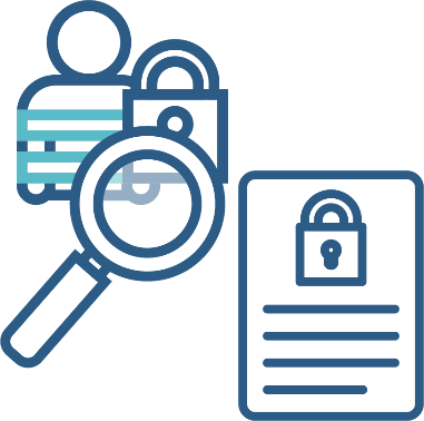 A restrictive practices icon with a magnifying glass focusing on it, and a policy document with a locked padlock on it.