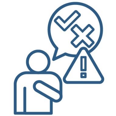 An external practitioner pointing to themselves. They have a speech bubble with a tick and a cross in it, and a problem icon next to it.