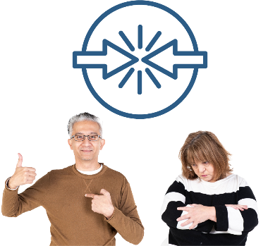 A person pointing to themselves and giving a thumbs up next to a person with an upset expression. Above them is a conflict of interest icon - 2 arrows crashing into each other.