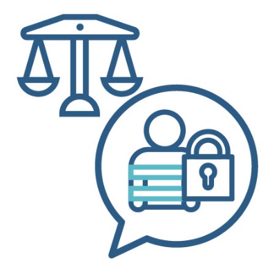 A speech bubble with a restrictive practices icon in it, and the scales of justice next to it.