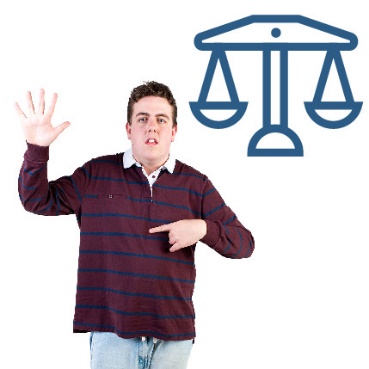 A person pointing to themself with their other hand raised. Next to them is the scales of justice.