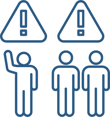 A person with their hand raised and a problem icon above them. Next to them is a group of people with a problem icon above them as well.
