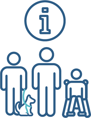 A group of people with disability, families and carers beneath an information icon.