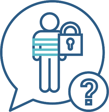 A person in restraints and a locked padlock in a speech bubble. Beside the speech bubble is a question mark.