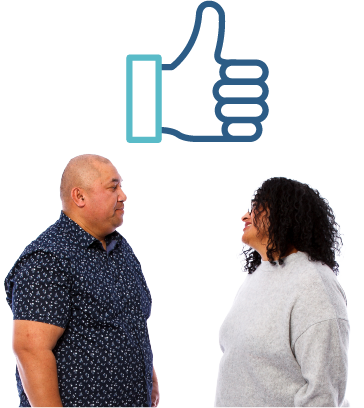 2 people having a conversation beneath a thumbs up.