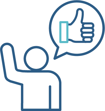A person raising their hand beneath a thumbs up in a speech bubble.