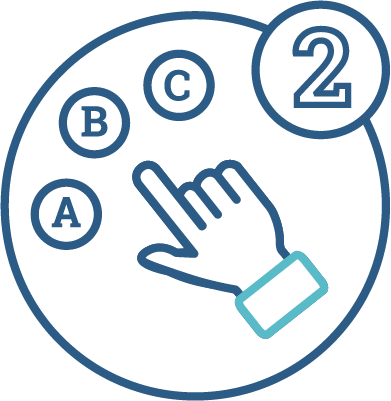 The number '2' and a choices icon. The icon shows a hand choosing between 3 options.