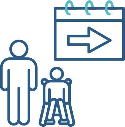 A carer, a person with disability and a calendar showing an arrow pointing forward.